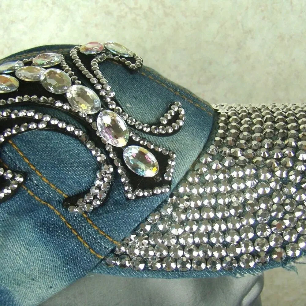 Womens One Size Blue Denim Bling Rhinestone Studded Distressed Adjustable Hat